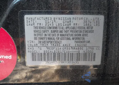 2019 Nissan Sentra S z USA, uszkodzony, nr VIN 3N1AB7AP8KY303431